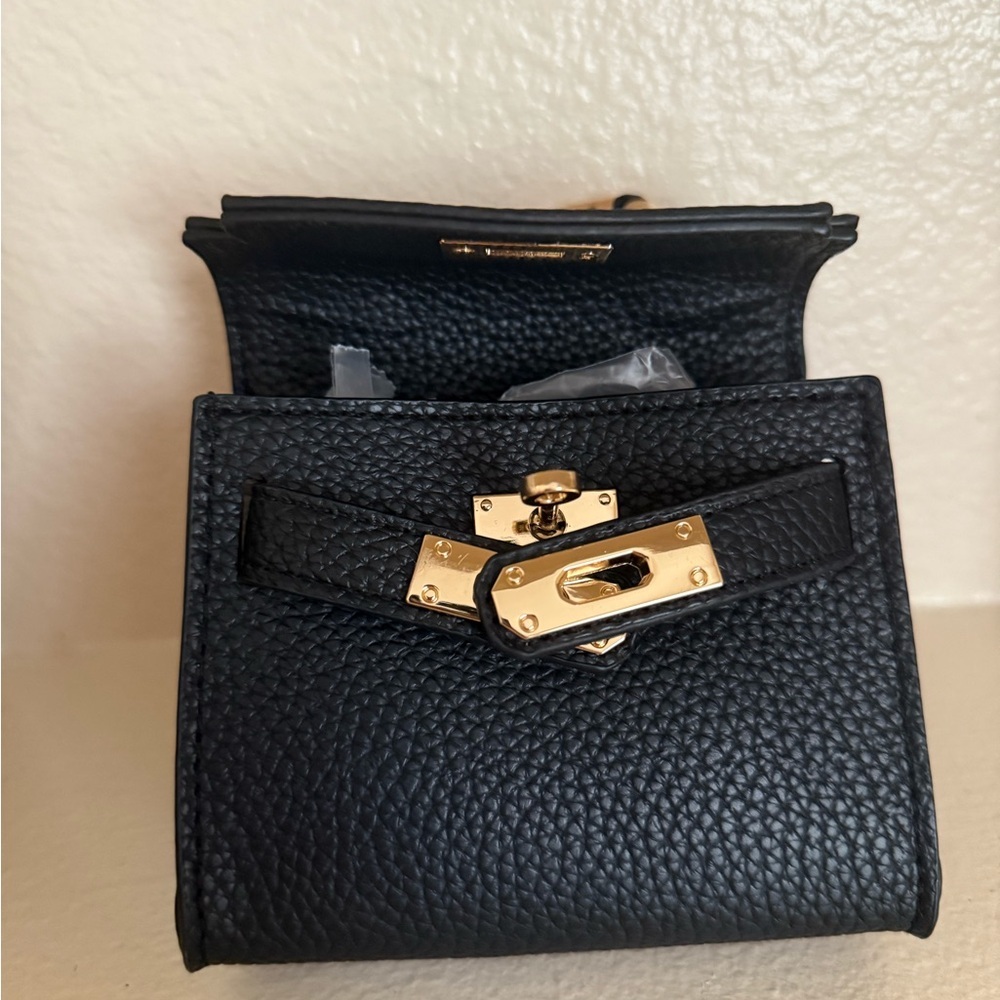NWT Elegant Black Faux pebbled leather mini Handbag with Gold Accents - Picture 2 of 6